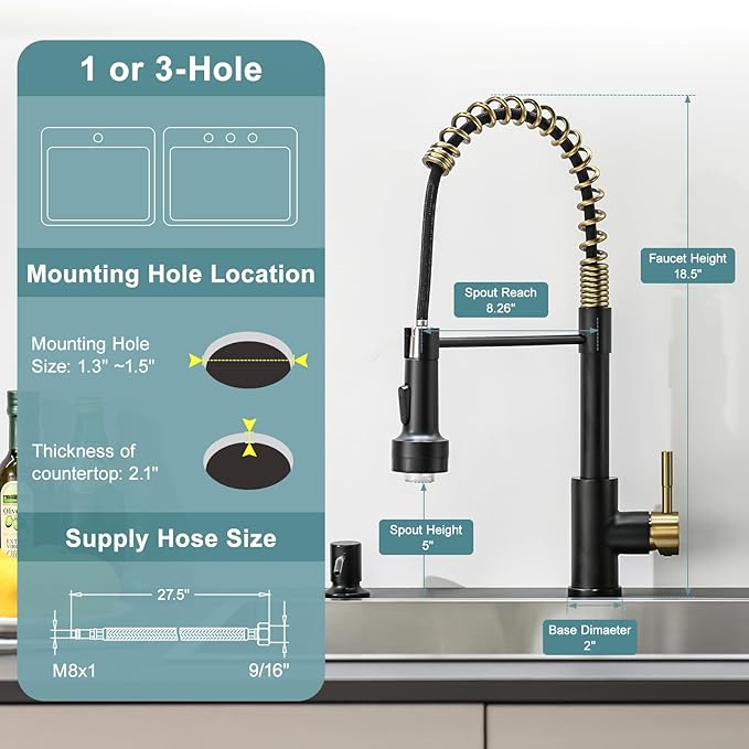 GIMILI Black and Gold Kitchen Faucet with Soap Dispenser Single Hole Pull Down Sprayer LED Faucet, Suitable for Farmhouses, RV, Laundry Room, Outdoor, and Campers. Llave para fregadero de cocina