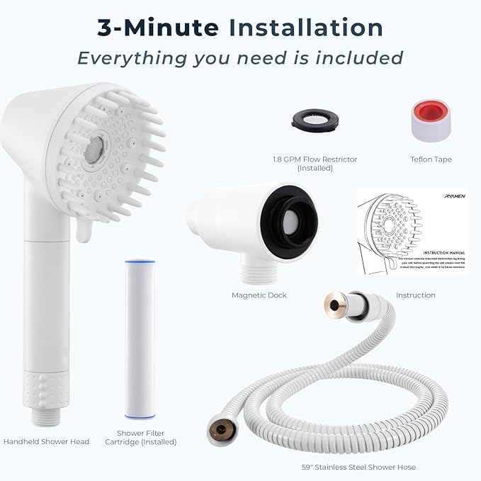 Ryamen 2026 Magnetic Filtered Shower Head with Handheld– High Pressure Showerhead with Power Wash Mode, Chlorine Removal, Massage Brush, Pressure Adjustable, One-Touch Pause (White)