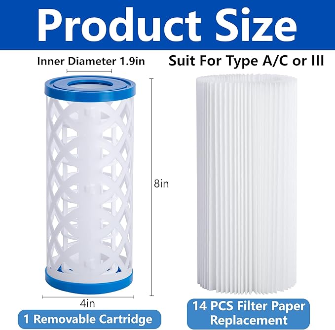 Universal Type A/C/III Pool Filter Cartridge, 14 Pack Reusable Pool and Spa Filter Paper Replacement, Pools Pump Cartridge Filtration Kit for Above Ground Pools Filtration Keep Water Clean
