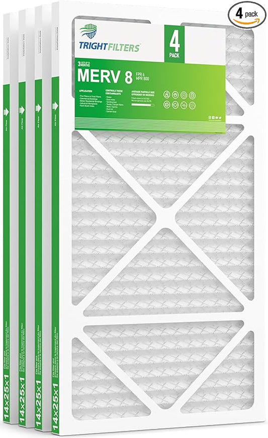 TRIGHTFILTERS 14x25x1 Air Filter 4 Pack, MERV 8 Pleated Dust Defense Air Filters Replacement Air Conditioner HVAC AC Furnace Filter, Durable and Lightweight