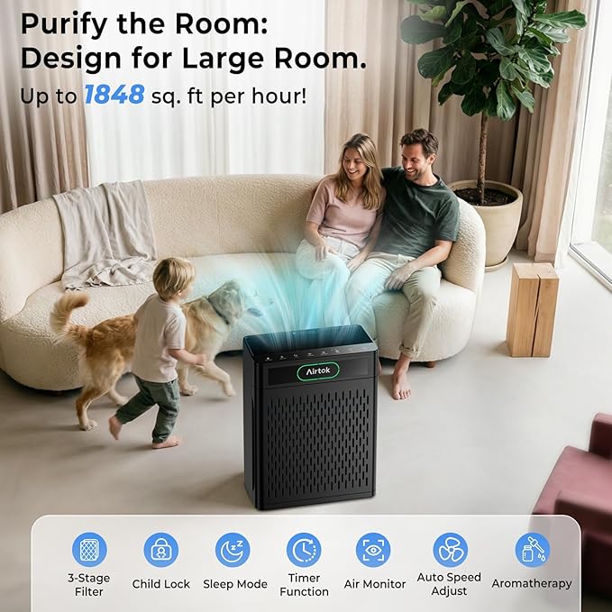 Airtok Air Purifiers for Home Large Room Up to 1848sq.ft, HEPA Air Purifier for Bedroom, Pet Hair Air Cleaner with Washable Filter, Aromatherapy, Sleep Mode Air Cleaners for Smoke, Office-AP3001 Black
