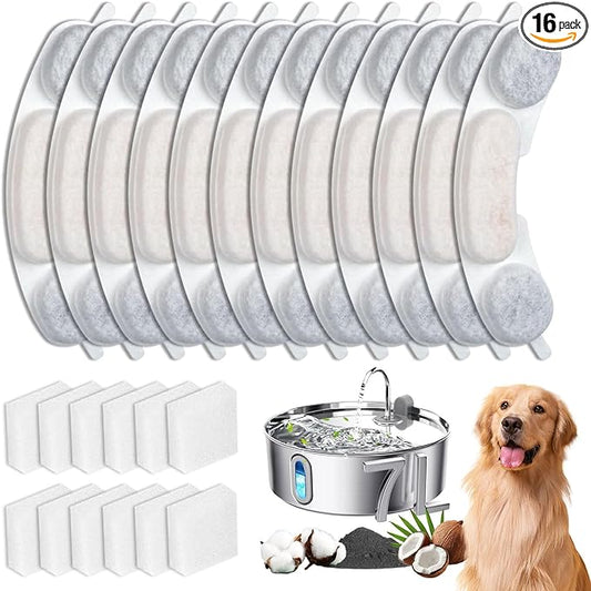 16 Sets Pet Dog Replacement Filters Compatible with Smartoo 7l/236oz/1.8G Dog Water Fountain, Water Fountain Filters for Stainless Steel Dog Water Fountain