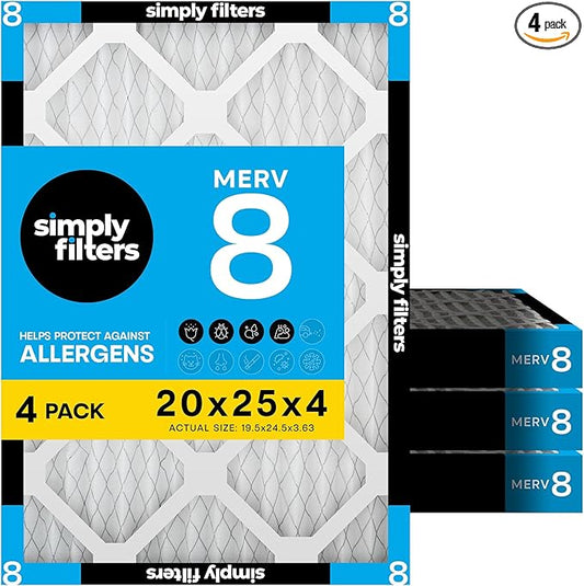 Simply 20x25x4 Air Filter, MERV 8, 4 Pack, Furnace Air Filter for HVAC (Actual Size:19.5"x24.5"x3.63") DUST, Pet, & Allergy Control