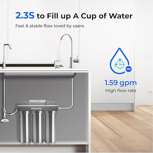 Waterdrop TST-B 0.01 Micron Ultra Filtration Under Sink Water Filter, 3-Stage Stainless Steel Under Sink Water Filtration System with Dedicated Faucet, Removes Chlorine, Taste&Odor (Drilling Required)