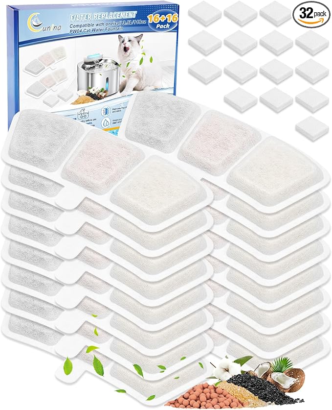 16+16 Pack Cat Fountain Filter Replacement Compatible with oneisall PW03 & PW04 3.5L/118oz, Fit for oneisall Cat Water Fountain Stainless Steel Filters, Keeping Pet Water Clean