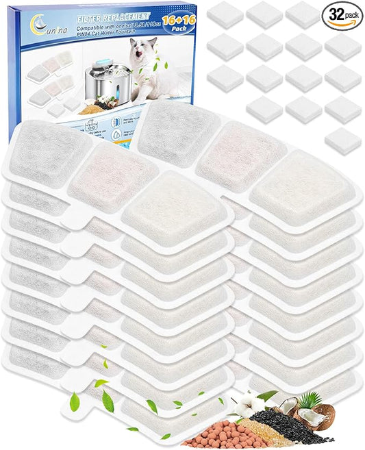 16+16 Pack Cat Fountain Filter Replacement Compatible with oneisall PW03 & PW04 3.5L/118oz, Fit for oneisall Cat Water Fountain Stainless Steel Filters, Keeping Pet Water Clean