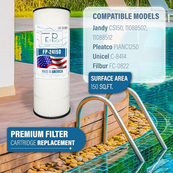 FP-24150 Replacement Pool Cartridge Filters for Jandy CS150, 11088502, 11088512, Unicel C-8414, Filbur FC-0822, FC-1287, PJANC1250, PWWCT150 – Clean Water Filtration – 1 PC, 150 SQFT