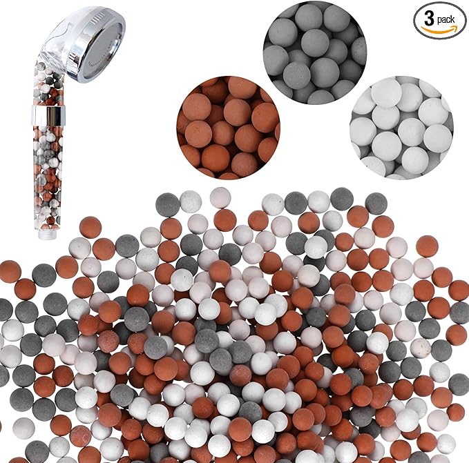 3 Packs Shower Envy Refills，Mineral Shower Head 180g Filter Stone Beads，Mineral Stone Balls for Water Filtration，for Filtered Showers Head (Orange Gray White)