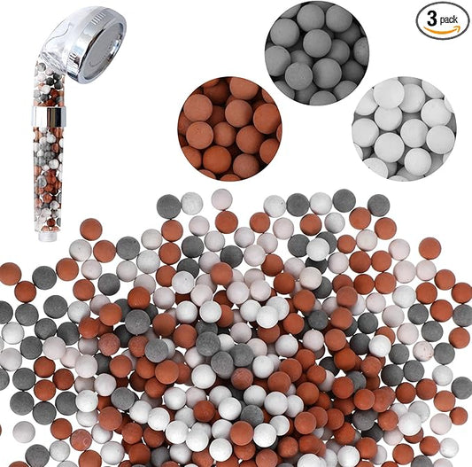 3 Packs Shower Envy Refills，Mineral Shower Head 180g Filter Stone Beads，Mineral Stone Balls for Water Filtration，for Filtered Showers Head (Orange Gray White)