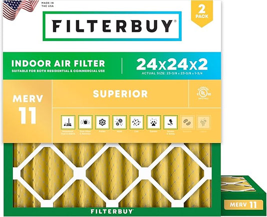 Filterbuy 24x24x2 Air Filter MERV 11 Superior Pet & Allergy Defense (2-Pack), Electrostatic Pleated HVAC AC Furnace Filters Replacement, Made in USA (Actual Size: 23.38 x 23.38 x 1.75)