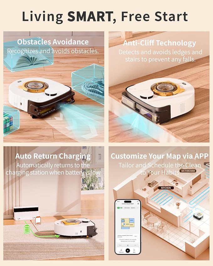UBPET Robot Vacuum and Mop Combo Robotic Vacuum for Pet Hair, Robot Vacuum Cleaner Square Bagless Design, LiDAR Navigation, WiFi/APP Control, Self-Charging 22,000 Pa for Carpet Floor