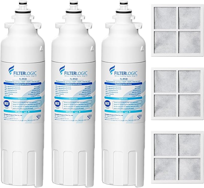 Filterlogic ADQ73613401 Refrigerator Water Filter and Air Filter, Replacement for LG® LT800P®, ADQ736134, ADQ73613402, LSXS26326S, LSXS26366S, LMXS30776S, Kenmore 46-9490 and LT120F®, 3 Combo