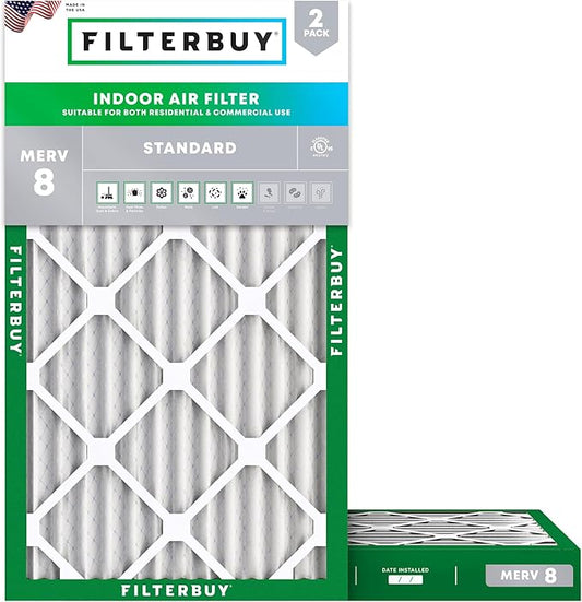 Filterbuy 12x20x2 Air Filter MERV 8 Essential Dust & Allergy Defense (2-Pack), Electrostatic Pleated HVAC AC Furnace Filters Replacement, Made in USA (Actual Size: 11.50 x 19.50 x 1.75)