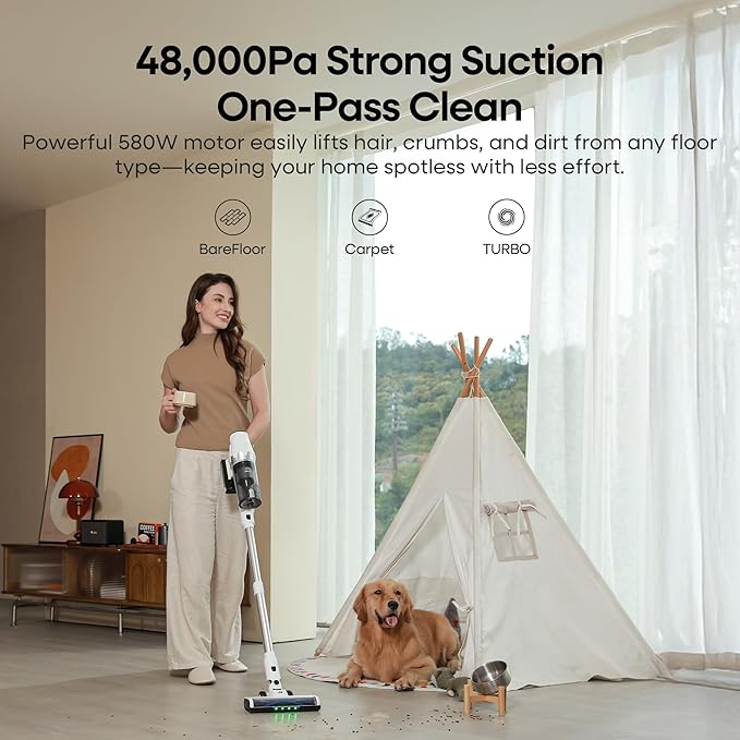 ElecKeys Cordless Vacuum Cleaner, 580W 48KPA Vacuum Cleaners for Home, 65Mins Stick Vacuum with LED Display, Anti-Tangle & Self-Standing Wireless Vacuum, Vacuum Cleaner for Pet Hair Carpets Hard Floor