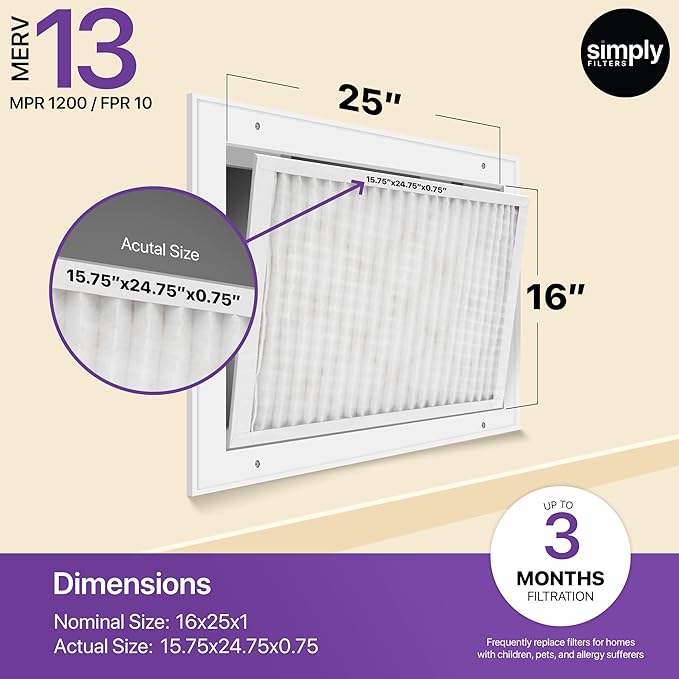 Simply 16x25x1 Air Filter, Merv 13, 6 Pack, For Home AC Furnace & HVAC (Actual Size: 15.75"x24.75"x0.75") DUST, Pet, & Allergy Control