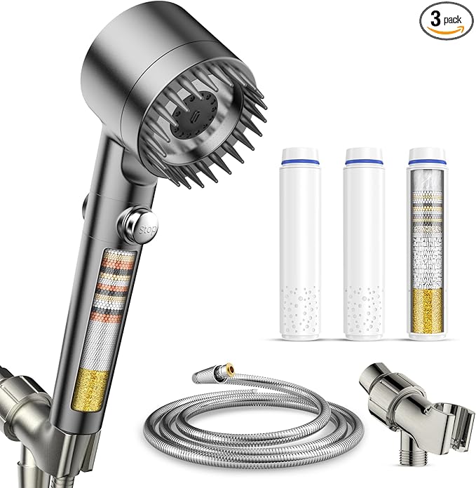 PWERAN Filtered Shower Head with Handheld, 3+1 Spray Modes High Pressure Shower Head with 3-PCS Filters for Hard Water Remove Chlorine, Detachable Showerhead with ON/OFF Switch for Pet Bath