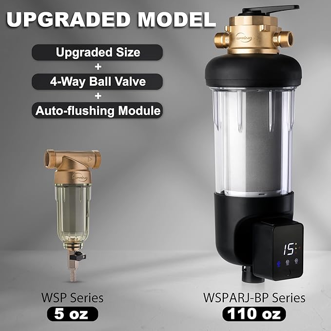 iSpring WSP100ARJ-BP Whole House Water Filter System Prefilter, Auto Flushing Spin Down Sediment Filter for Well Water, Integrated Bypass, 4-Mode Touch-Screen, Reusable, Jumbo Size, 100 Micron