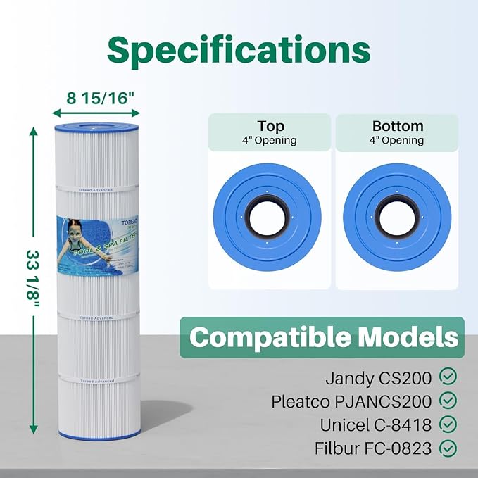 TOREAD CS200 Pool Filter Replaces Jandy CS200, PJANCS200, Ultral-B9, R0462400, Unicel C-8418, Filbur FC-0823, 200 Sq. Ft Pool Filter Cartridge 1 Pack