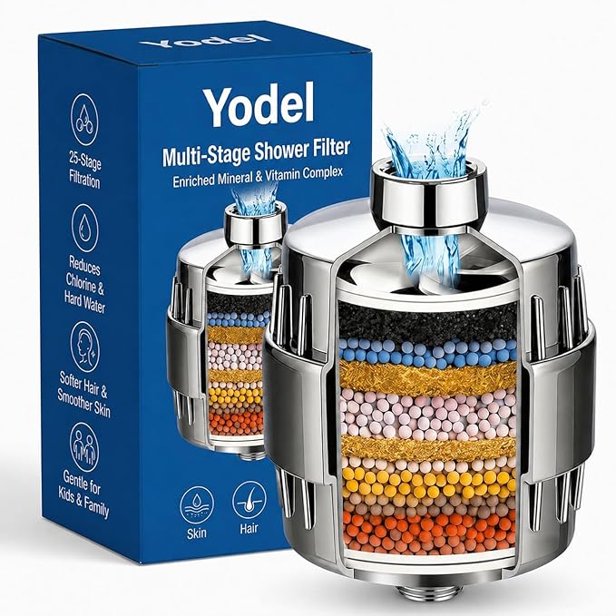 Yodel Shower Filter for Hard Water, Inline KDF-55 Shower Water Filter with Vitamin C, Helps Reduce Chlorine for Softer Hair and Skin, Filters Up to 8,000 Gallons, Polished Chrome