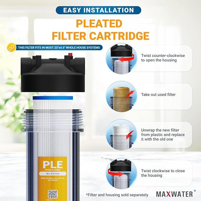 Max Water 25 Micron 20 x 4.5 Whole House Pleated Sediment Water Filter Replacement Cartridge for Well Water Filtration