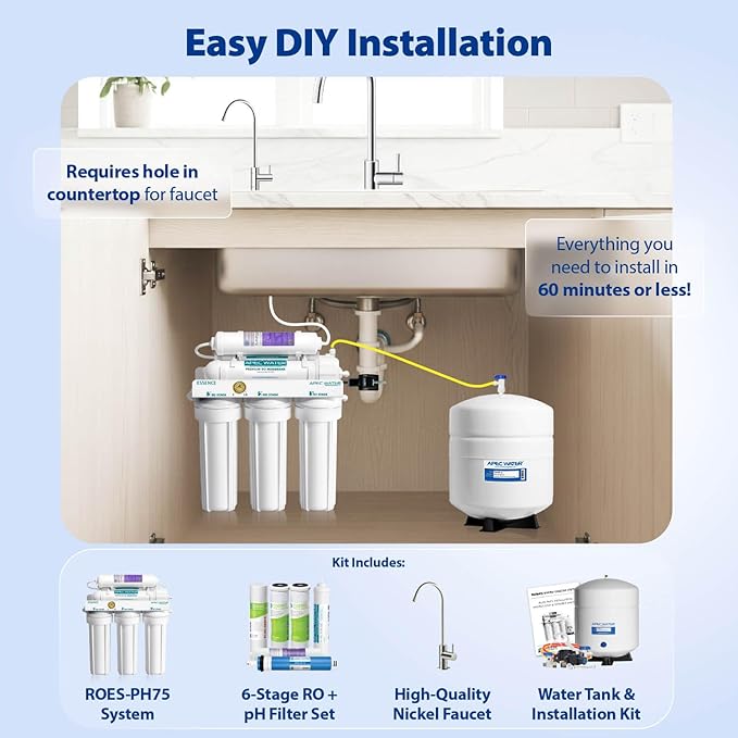 APEC Water ROES-PH75, 6-Stage Alkaline Under Sink Reverse Osmosis Water Filter System, NSF Certified 372 & 58, 75 GPD, Reduces 99% of Impurities