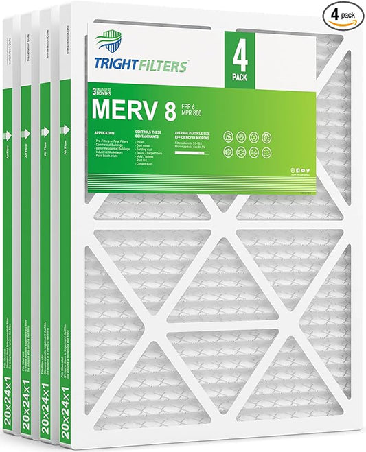 TRIGHTFILTERS 20x24x1 Air Filter 4 Pack, MERV 8 Pleated Dust Defense Air Filters Replacement Air Conditioner HVAC AC Furnace Filter, Durable and Lightweight
