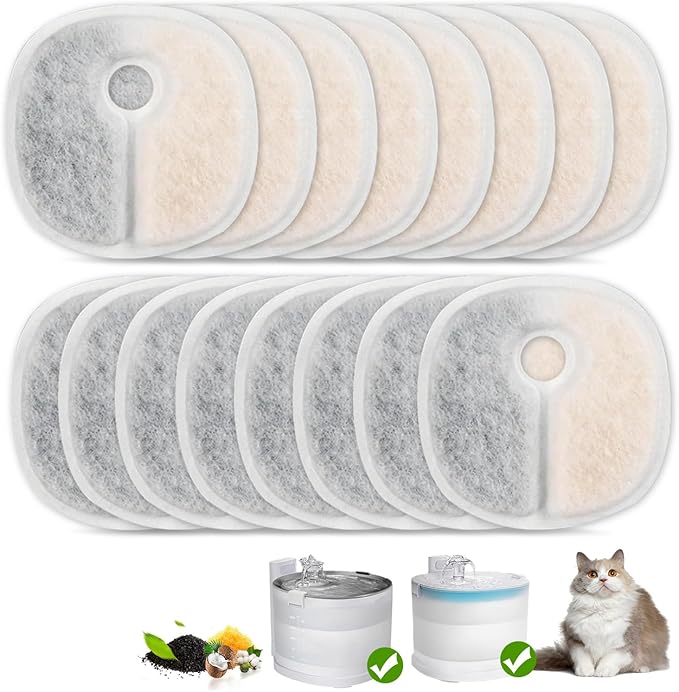 16 Pack Replacement Filters for E1/E1+ Pumpless Cat Water Fountain, Triple Layer Filtration System with Activated Carbon & Ion Exchange Resin, 1 Year Supply for 2L/67oz Pet Fountain