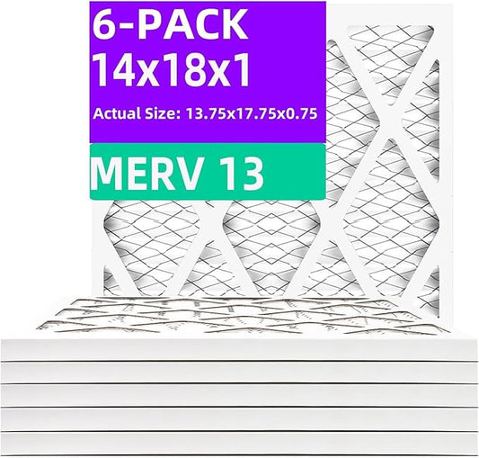 14x18x1 MERV 13 (6-Pack) Pleated Air Filter (Actual Size: 13.75"x17.75"x0.75") MPR 1900 & FPR 10, Furnace Air Filters 14x18x1 air filter