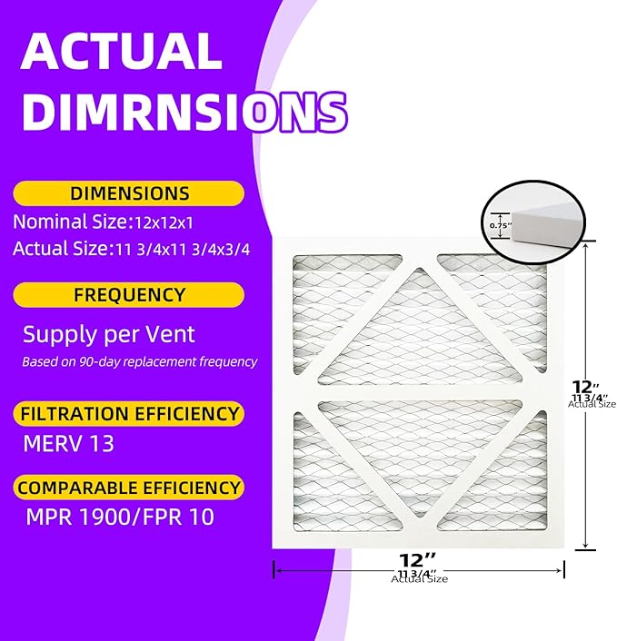 12x12x1 MERV 13 (6-Pack) Pleated Air Filter (Actual Size: 11.75" x 11.75" x 0.75") MPR 1900 & FPR 10, Furnace Air Filters, 12x12x1 air filter