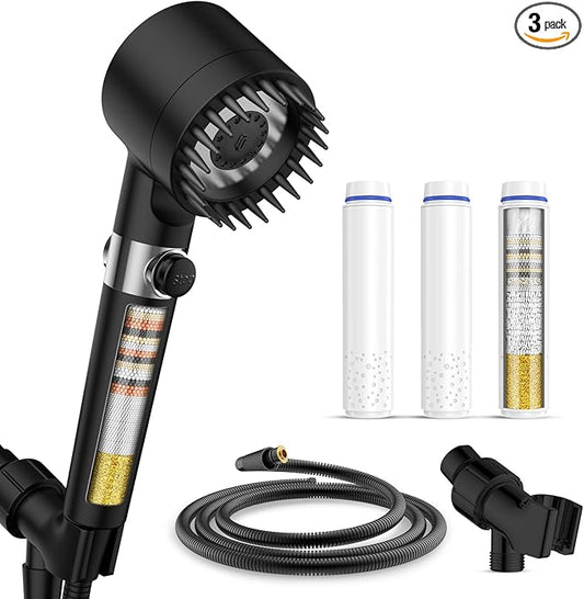 PWERAN Filtered Shower Head with Handheld, 3+1 Spray Modes High Pressure Shower Head with 3-PCS Filters for Hard Water Remove Chlorine, Detachable Showerhead with ON/OFF Switch for Pet Bath (Black)