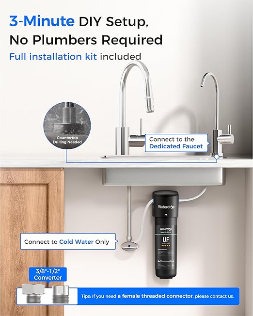 Waterdrop 10UB-UF 0.01 μm Ultra Filtration Under Sink Water Filter System, Reduces Lead, Chlorine, Bad Taste & Odor, 1 Year, with Dedicated Brushed Nickel Faucet