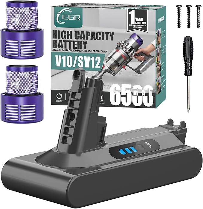 EGR 6500mAh Battery Replacement Compatible with Dyson V10 Animal/Absolute/Fluffy/Motorhead SV12 Cordless Stick Vacuum Cleaner with 2 Filters
