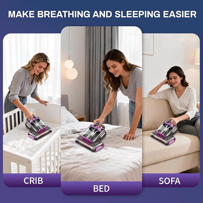 Cordless Mattress Vacuum Cleaner, 16Kpa Bed Vacuum with 253.7nm UV-C Light & Ultrasonic Tech, HEPA Filter, Portable Handheld Vacuum for Bed Sofa Couch Crib & Pet Hair (Purple)