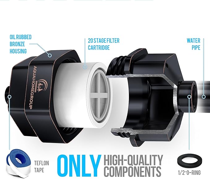 AquaHomeGroup 20 Stage Shower Filter - Reduces Chlorine, Heavy Metals and Sediment - Vitamin C and E - High Output - Universal Fit - Bronze Black