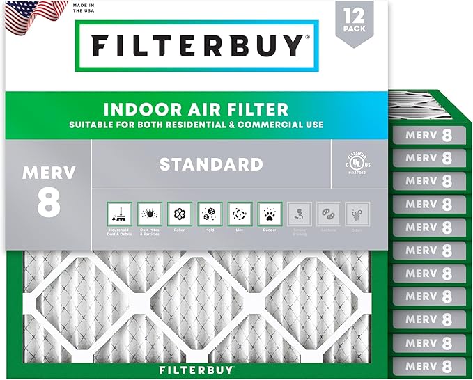Filterbuy 17x17x1 Air Filter MERV 8 Essential Dust & Allergy Defense (12-Pack), Electrostatic Pleated HVAC AC Furnace Filters Replacement, Made in USA (Actual Size: 17.00 x 17.00 x 0.75)