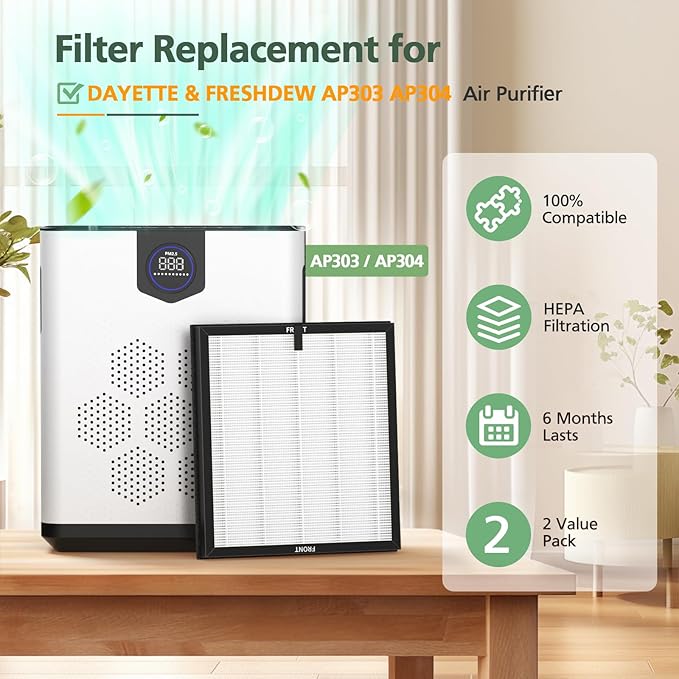 AP303 AP304 Replacement Filters, Compatible with DAYETTE AP303/ AP304/ AP305/ AP308/ AP405 Air Purifier, and for FRESHDEW AP303/ 304 Purifier, HEPA Filter with 3 Stage Filtration, 2 Pack (White)
