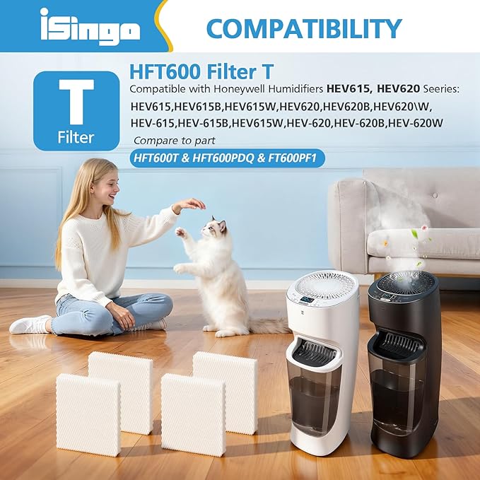 iSingo 4 Pack HFT600 Filter T Replacement, Compatible with Honeywell Tower Humidifier HEV615 & HEV620 Series, Replace Part # HFT600T & HFT600PDQ