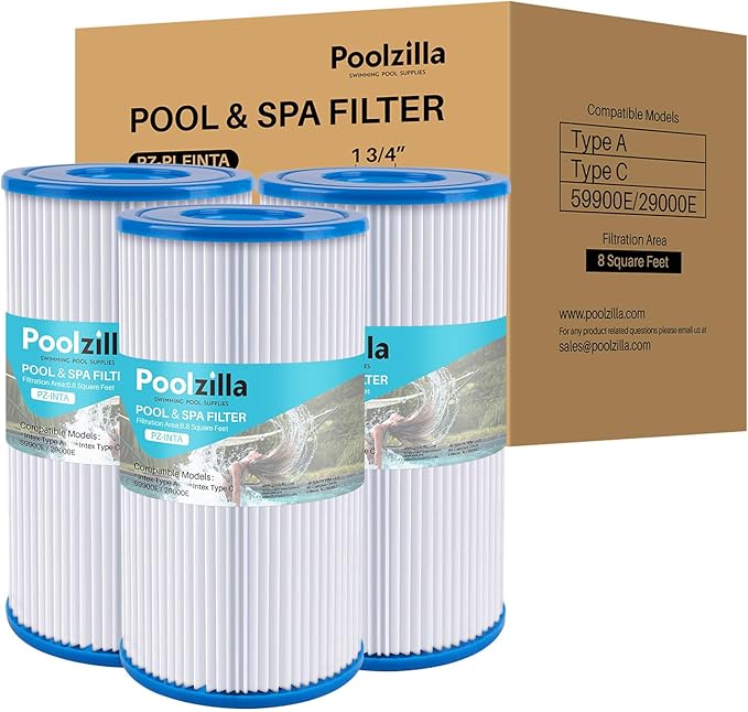 Poolzilla [3 Pack Pool Filter Cartridge for Type A or C, Compatible with Intex 29000E/59900E, Easy Set Pool Filters, Summer Escapes or Summer Waves Above Ground Pools [L x OD: 8" x 4.25'']