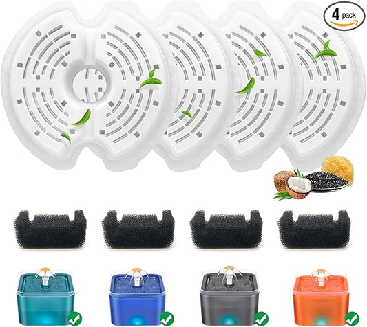 4 Pack Cat Water Fountain Filters with 4 Sponges, Pet Replacement Filters for 67oz/2L Pet Drinking Fountain Dog Water Dispenser