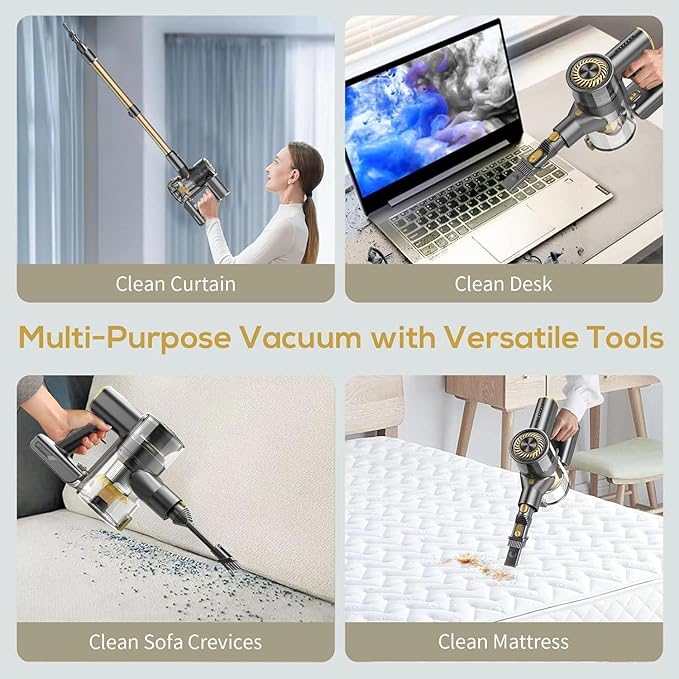 MBTTODF Cordless Vacuum Cleaner for Home & Pet Hair – Lightweight Stick Vacuum with 40-Min Runtime, Anti-Tangle Brush & LED Headlight, for Hardwood, Carpet & Tile(Golden)
