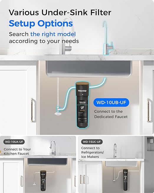 Waterdrop 10UB-UF 0.01 μm Ultra Filtration Under Sink Water Filter System, Reduces Lead, Chlorine, Bad Taste & Odor, 1 Year, with Dedicated Brushed Nickel Faucet