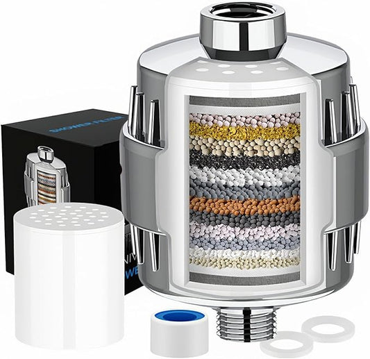 20-Stage Filtered Shower Head - Built-in Filter Effectively Removes Chlorine and Heavy Metals, Improving Skin and Hair Condition, 6-inch Rainfall Shower Head, Replaceable Filter Cartridge (Silver)