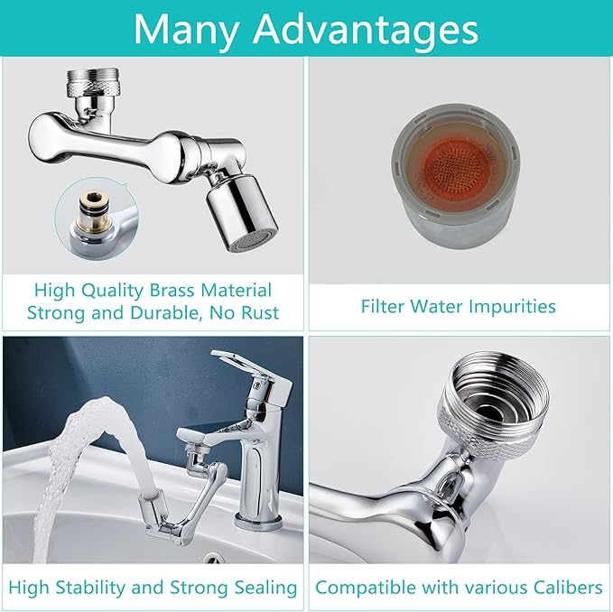 1080°Swivel Faucet Extender, Sink Water Faucet Aerator Extension in Brass, Swivel Robotic Arm Bathroom Faucet Extender, Rotating Extension Filter with 2 Mode Splash