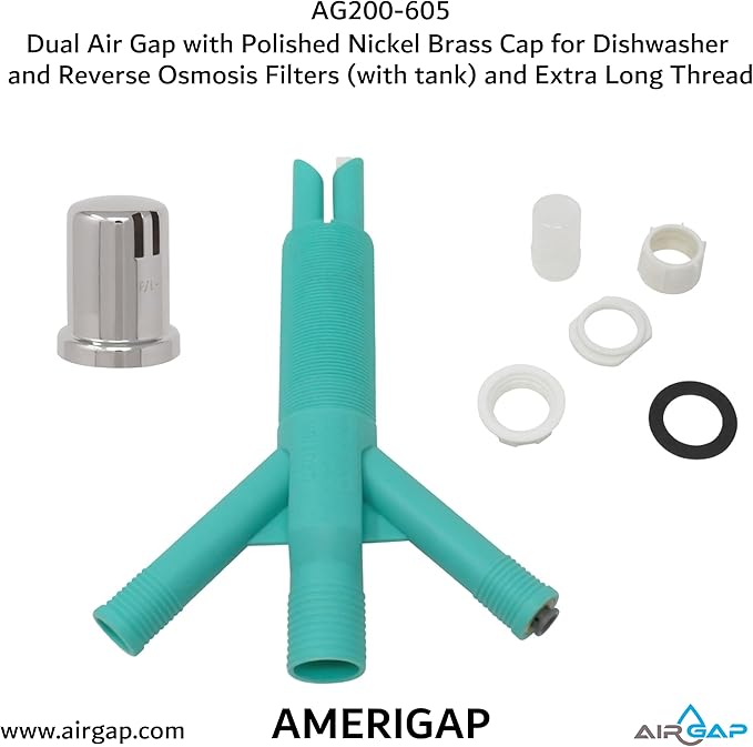 Dual Air Gap with Polished Nickel Brass Cap for Dishwasher and Reverse Osmosis Filters (with tank) and Extra Long Thread (AG200-605, AG200-X05, AMERIGAP)