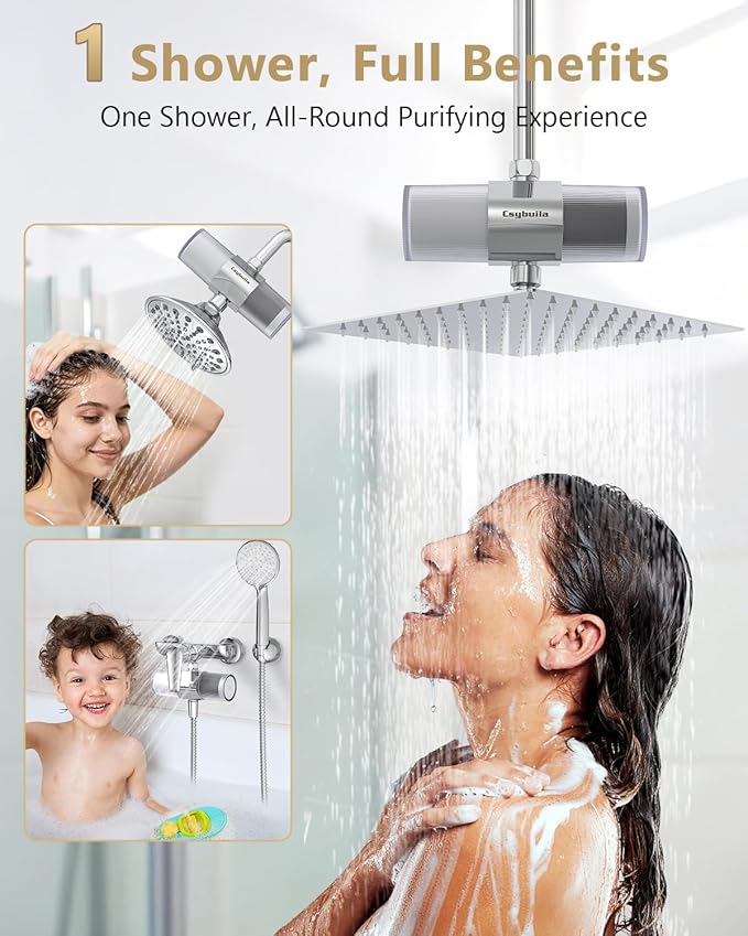 Dual Cartridge Shower Filter with Multi-Stage & Carbon Fiber Filtration, Hard Water Softener for Chlorine & Heavy Metal Removal, Skin & Hair Care, Tool-Free Installation