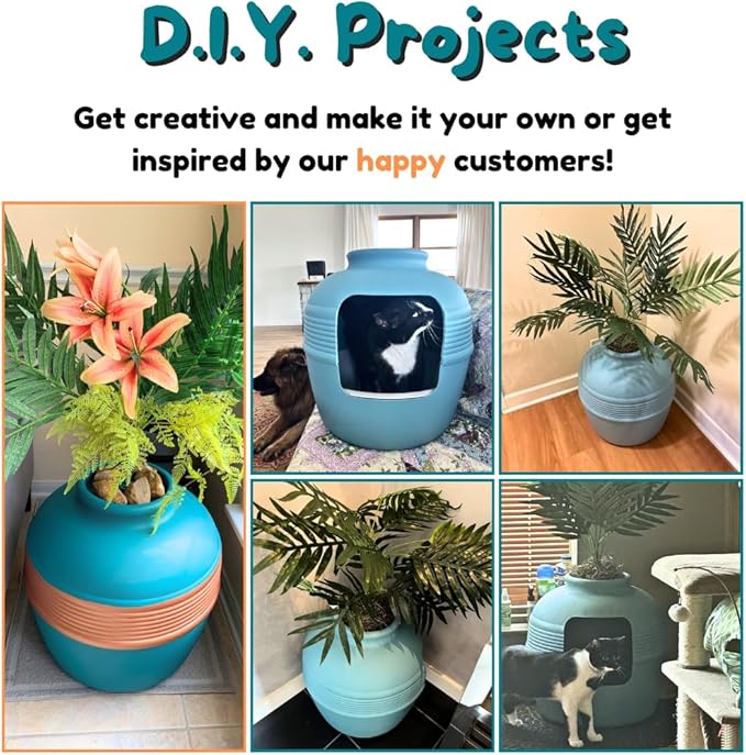 Good Pet Stuff Hidden Litter Box Planter, Decorative Cat Litter Enclosure with Carbon Filter & Faux Plant, Made in USA, Odor Control, Improved Design, NEW Round Style, Base Kit, Coastal Blue