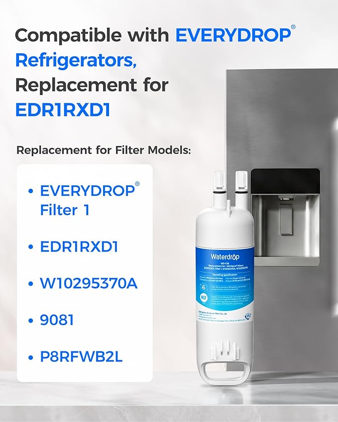 Waterdrop EDR1RXD1 Replacement for W10295370A, Everydrop® Filter 1, EDR1RXD1B, P8RFWB2L, P4RFWB, Kenmore® 46-9081, 46-9930, WD-F38 Refrigerator Water Filter, 1 Filter