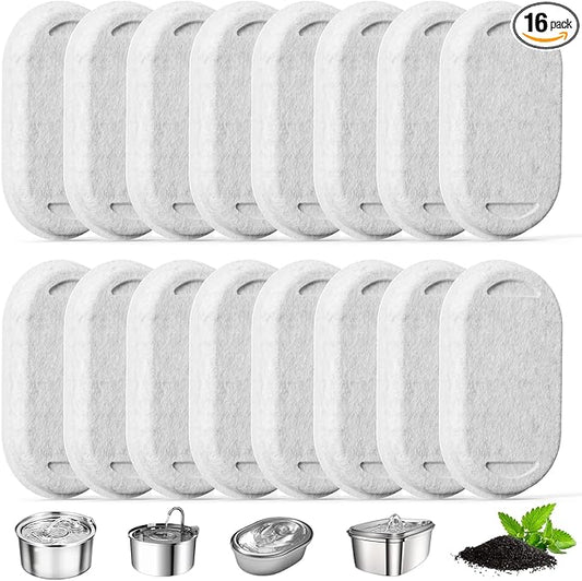 Cat Water Fountain Filter, 16 Pack Cat Fountain Replacement Filters for 67oz/2L & 108oz/3.2L Stainless Steel Pet Water Dispenser, Triple Filtration Activated Carbon Filters for Cat and Dog