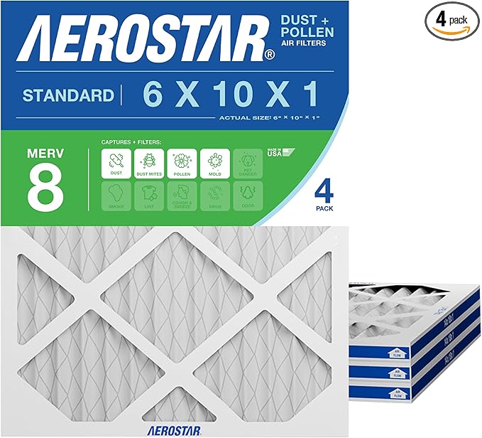 Aerostar 6x10x1 MERV 8 Pleated Air Filter, 4 Pack, AC Furnace Filters, HVAC Filter, Air Conditioner Filters, Heater Filters Replacement for Home (Actual Size: 6x10x1)