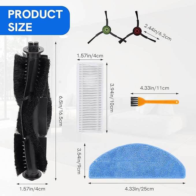 Replacement Parts for Tikom G8000 MAX/TikomL8000 Pro (2025 Year Versions)/L8000 Plus Robot Vacuum Cleaner - Spare Accessories - 1 Main Roller Brush 8 Side Brushes 4 HEPA Filters 4 Mop Pads 1 Brush